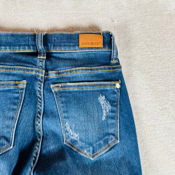 Judy Blue Jeans Womens 1/25 Medium Wash Blue Denim Destroyed Raw Slit Hem Skinny - Picture 8 of 12